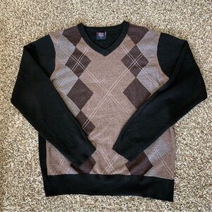 Cambridge Classics Vintage Black and Brown Argyle V-Neck Sweater Size XL